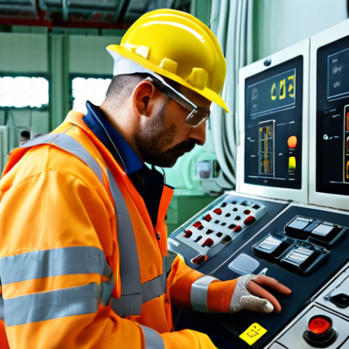 Home 4 **
A worker in a nuclear power plant wearing a personal dosimeter on their chest. The scene shows them checking readings with the control panel in the background, emphasizing safety and monitoring.
**
