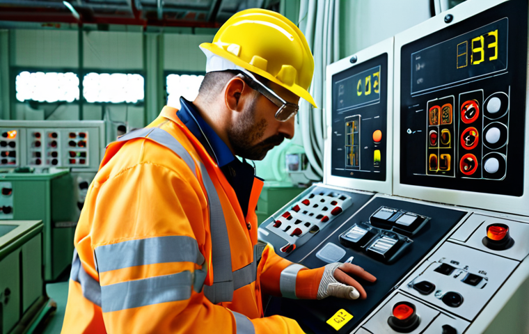 **
A worker in a nuclear power plant wearing a personal dosimeter on their chest. The scene shows them checking readings with the control panel in the background, emphasizing safety and monitoring.
**
