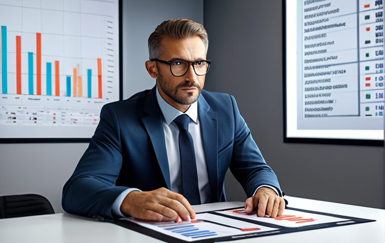 A confident nuclear expert at a negotiation table, emphasizing their skills and achievements with data charts, in a modern office setting.