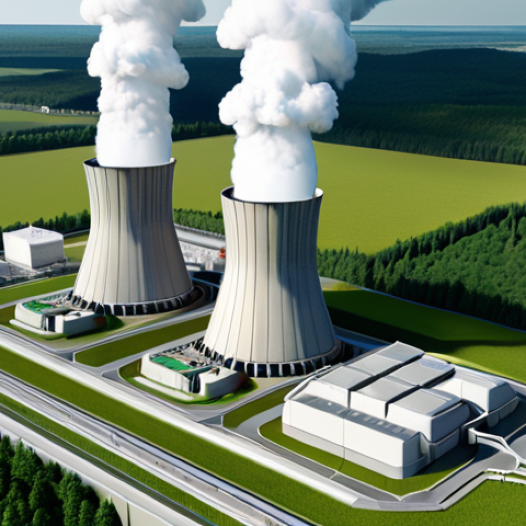 ** A futuristic nuclear power plant with visible safety features and a green landscape surrounding it. The focus is on portraying nuclear energy as a safe and clean energy source for the future.

**