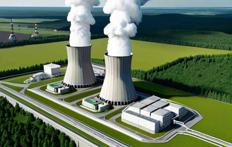 ** A futuristic nuclear power plant with visible safety features and a green landscape surrounding it. The focus is on portraying nuclear energy as a safe and clean energy source for the future.
**