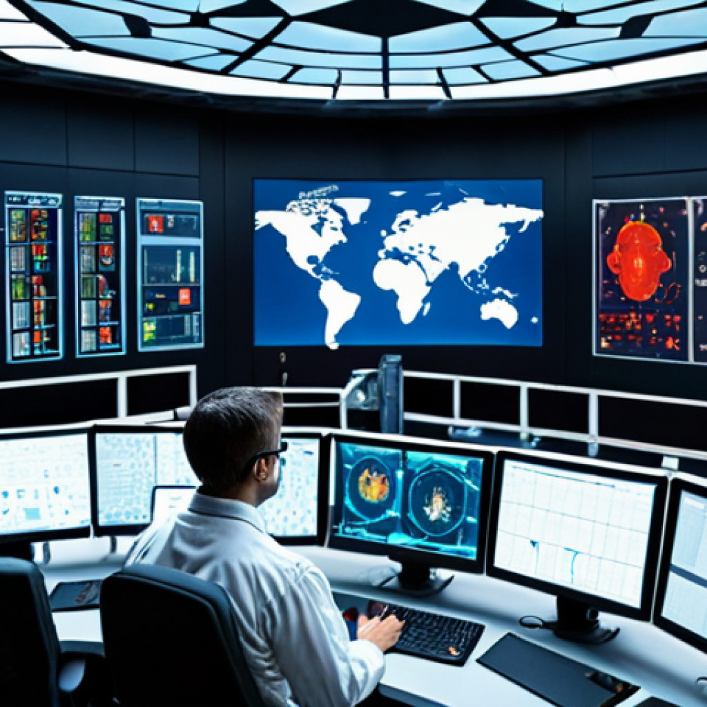 A nuclear power plant control room with holographic displays showing real-time data analysis, AI algorithms predicting potential issues, and engineers collaborating around a digital twin of the reactor.