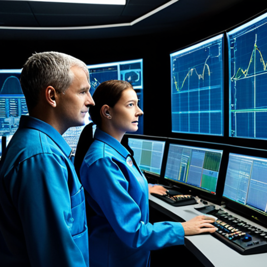 A professional male and female operator team, fully clothed in modest, clean professional uniforms, meticulously monitoring an advanced, curved console within a state-of-the-art nuclear power plant control room. Large, high-resolution screens display intuitive, real-time data visualizations of reactor parameters, flow charts, and safety indicators. The atmosphere is calm and focused, with ambient lighting highlighting the high-tech environment. Perfect anatomy, correct proportions, natural pose, well-formed hands, proper finger count, natural body proportions, professional photography, high quality, safe for work, appropriate content, fully clothed, professional.