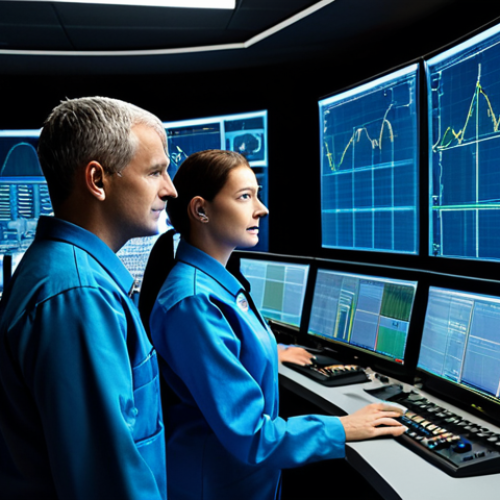 Home 24 A professional male and female operator team, fully clothed in modest, clean professional uniforms, meticulously monitoring an advanced, curved console within a state-of-the-art nuclear power plant control room. Large, high-resolution screens display intuitive, real-time data visualizations of reactor parameters, flow charts, and safety indicators. The atmosphere is calm and focused, with ambient lighting highlighting the high-tech environment. Perfect anatomy, correct proportions, natural pose, well-formed hands, proper finger count, natural body proportions, professional photography, high quality, safe for work, appropriate content, fully clothed, professional.