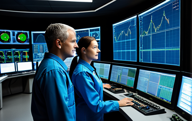A professional male and female operator team, fully clothed in modest, clean professional uniforms, meticulously monitoring an advanced, curved console within a state-of-the-art nuclear power plant control room. Large, high-resolution screens display intuitive, real-time data visualizations of reactor parameters, flow charts, and safety indicators. The atmosphere is calm and focused, with ambient lighting highlighting the high-tech environment. Perfect anatomy, correct proportions, natural pose, well-formed hands, proper finger count, natural body proportions, professional photography, high quality, safe for work, appropriate content, fully clothed, professional.