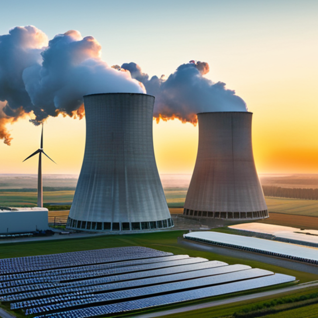 A majestic, modern nuclear power plant with sleek, white cooling towers gently releasing clean, white steam against a breathtaking sunrise over a pristine, green landscape. In the far distance, elegant wind turbines and expansive solar panels subtly emerge, illustrating a balanced and sustainable energy mix for a low-carbon future. The scene is bathed in warm, golden hour light, evoking a sense of hope, stability, and advanced technology. Professional photography, high detail, volumetric lighting, serene atmosphere, realistic rendering, clean aesthetics. safe for work, appropriate content, fully clothed, professional dress, perfect anatomy, correct proportions, natural pose.