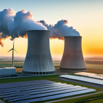A majestic, modern nuclear power plant with sleek, white cooling towers gently releasing clean, white steam against a breathtaking sunrise over a pristine, green landscape. In the far distance, elegant wind turbines and expansive solar panels subtly emerge, illustrating a balanced and sustainable energy mix for a low-carbon future. The scene is bathed in warm, golden hour light, evoking a sense of hope, stability, and advanced technology. Professional photography, high detail, volumetric lighting, serene atmosphere, realistic rendering, clean aesthetics. safe for work, appropriate content, fully clothed, professional dress, perfect anatomy, correct proportions, natural pose.
