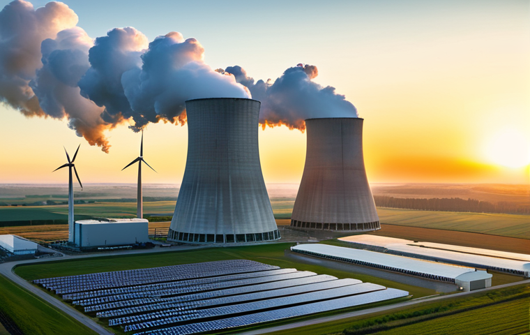 A majestic, modern nuclear power plant with sleek, white cooling towers gently releasing clean, white steam against a breathtaking sunrise over a pristine, green landscape. In the far distance, elegant wind turbines and expansive solar panels subtly emerge, illustrating a balanced and sustainable energy mix for a low-carbon future. The scene is bathed in warm, golden hour light, evoking a sense of hope, stability, and advanced technology. Professional photography, high detail, volumetric lighting, serene atmosphere, realistic rendering, clean aesthetics. safe for work, appropriate content, fully clothed, professional dress, perfect anatomy, correct proportions, natural pose.
