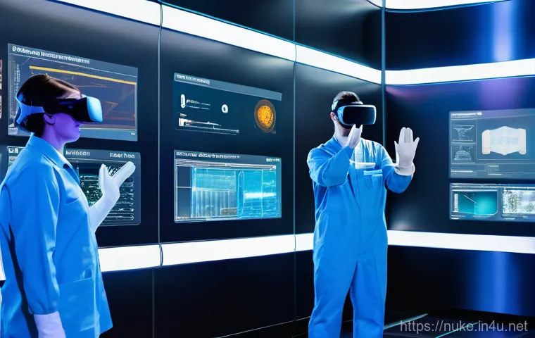 원자력 발전 관련 실습 장비 소개 - A group of diverse engineers and technicians, wearing crisp, clean uniforms and safety glasses, are ...