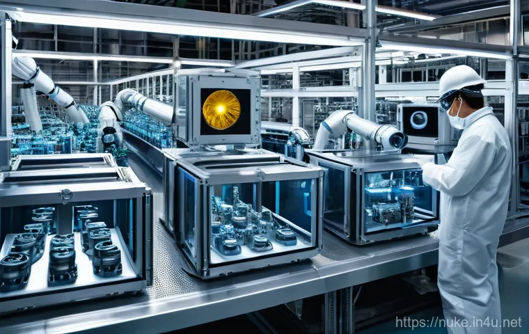 원자력 발전 관련 실습 장비 소개 - A group of diverse engineers and technicians, wearing crisp, clean uniforms and safety glasses, are ...