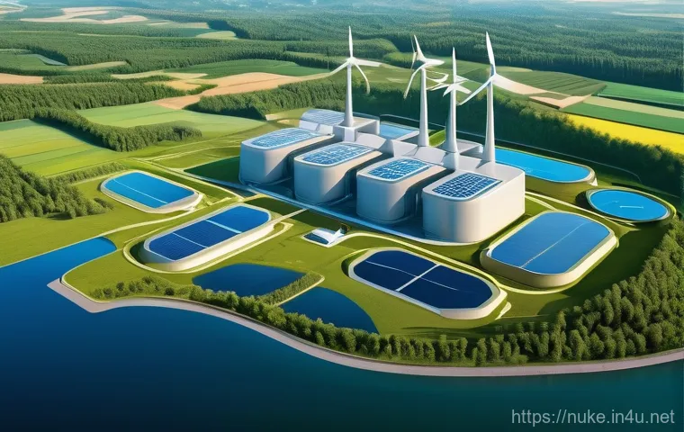 원자력 발전 실무 기본 과정 - **A futuristic, clean nuclear power plant nestled harmoniously within a vibrant natural landscape.**...