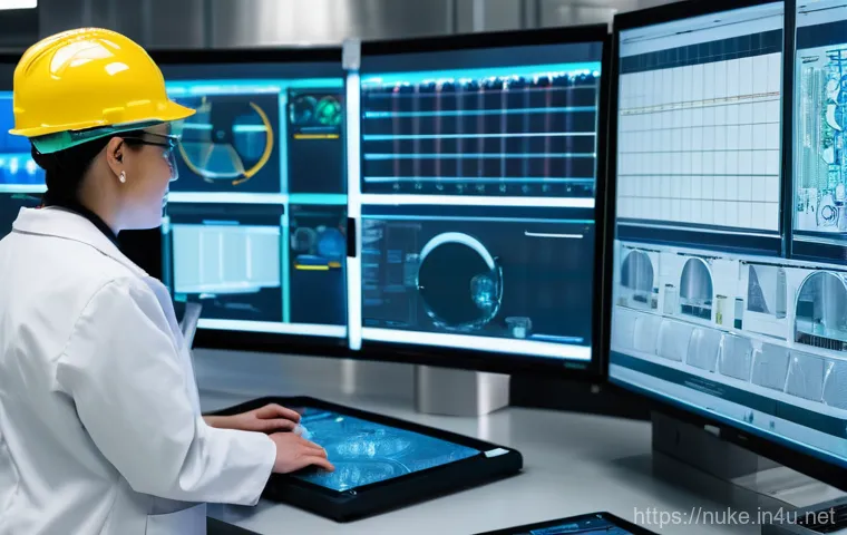 원자력 발전 실무 기본 과정 - **A high-tech control room with several diverse trainees actively engaged in a nuclear power plant s...