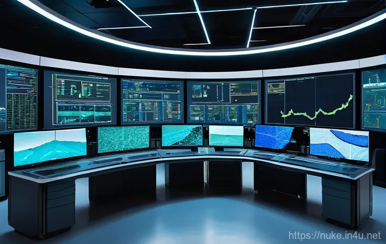 원자력 발전소 유지보수 기술 - A futuristic nuclear power plant control room, filled with skilled engineers and operators meticulou...