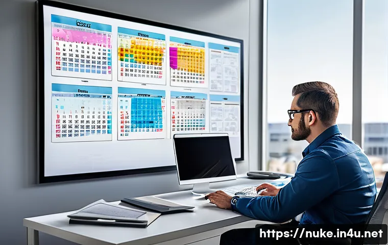 원자력 엔지니어의 워라밸 유지법 - A focused nuclear engineer at a modern office desk, using a large digital calendar displaying time-b...