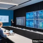 원자력 엔지니어들의 커뮤니티 활동 - A professional seminar scene in a modern conference room filled with nuclear engineers actively enga...