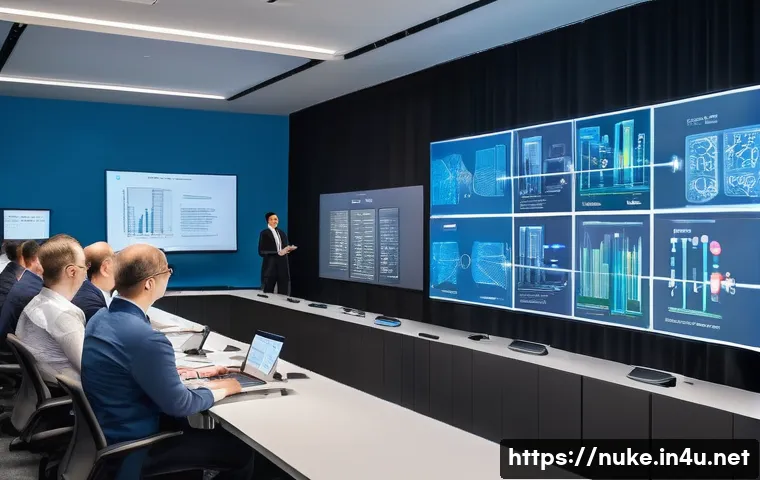 원자력 엔지니어들의 커뮤니티 활동 - A professional seminar scene in a modern conference room filled with nuclear engineers actively enga...