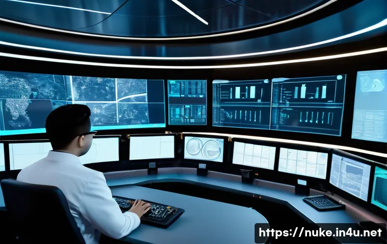 원자력 발전소의 최신 시공 기술 - A highly detailed futuristic nuclear power plant control room featuring advanced digital twin techno...