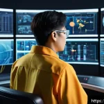 원자력 기술자 채용 공고 분석 - A highly detailed illustration of a nuclear engineer in a modern control room, surrounded by digital...