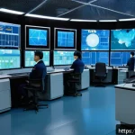 원자력 기술 경력자의 전직 전략 - A detailed, high-tech control room of a small modular nuclear reactor (SMR) facility, featuring engi...