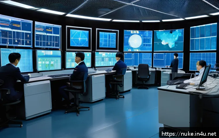 원자력 기술 경력자의 전직 전략 - A detailed, high-tech control room of a small modular nuclear reactor (SMR) facility, featuring engi...