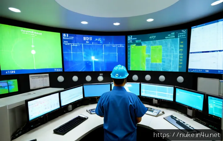 Home 17 원자력 발전소 실시간 데이터 모니터링 - Photorealistic nuclear power plant control room, experienced engineer in clean safety attire monitor...
